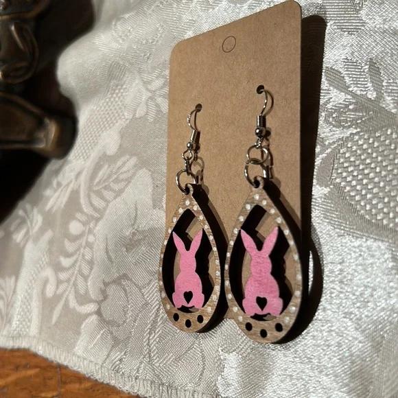 Handmade Pink Bunny Polka Dot Wooden Teardrop Dangle Earrings Easter Spring - Picture 6 of 9